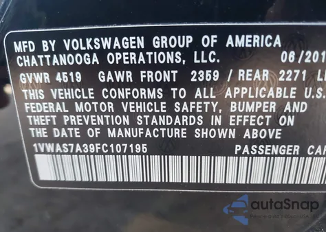 2015 Volkswagen Passat 1.8T Limited Edition from USA, damaged, VIN 1VWAS7A39FC107195